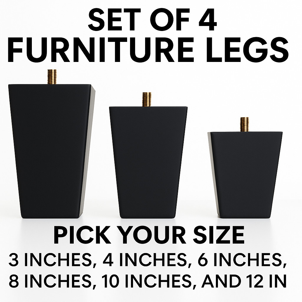 Black Square Furniture Legs Set of 4, 3 4 5 6 8 10 12 in Wood Feet Replacement
