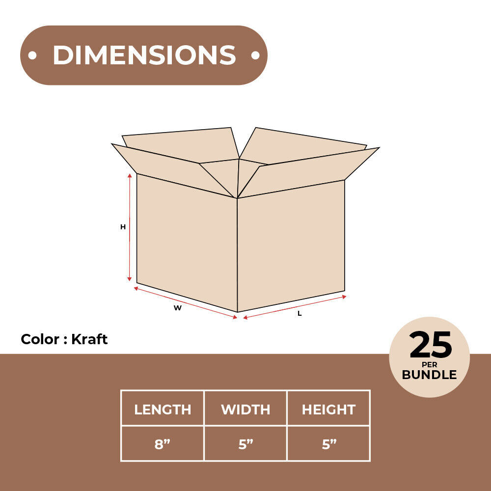 Kraft 8 x 5 x 5" Corrugated Boxes 25 Pack ECT-32