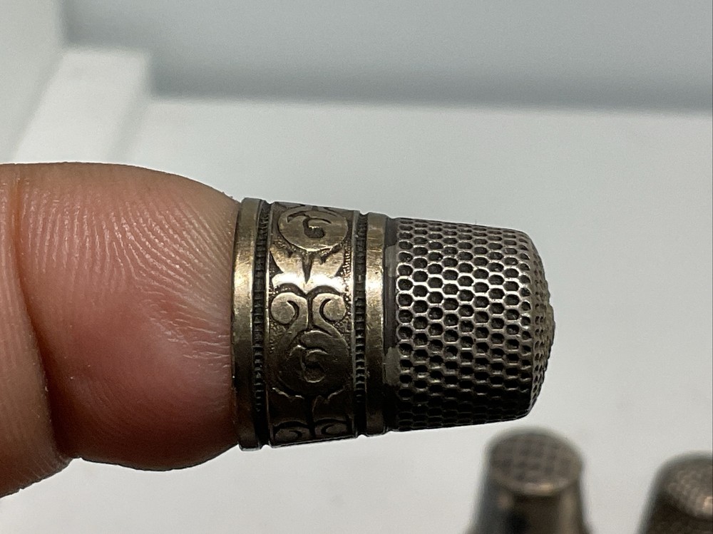 3 ANTIQUE Vintage Solid SILVER Size 7 PANELED THIMBLEs