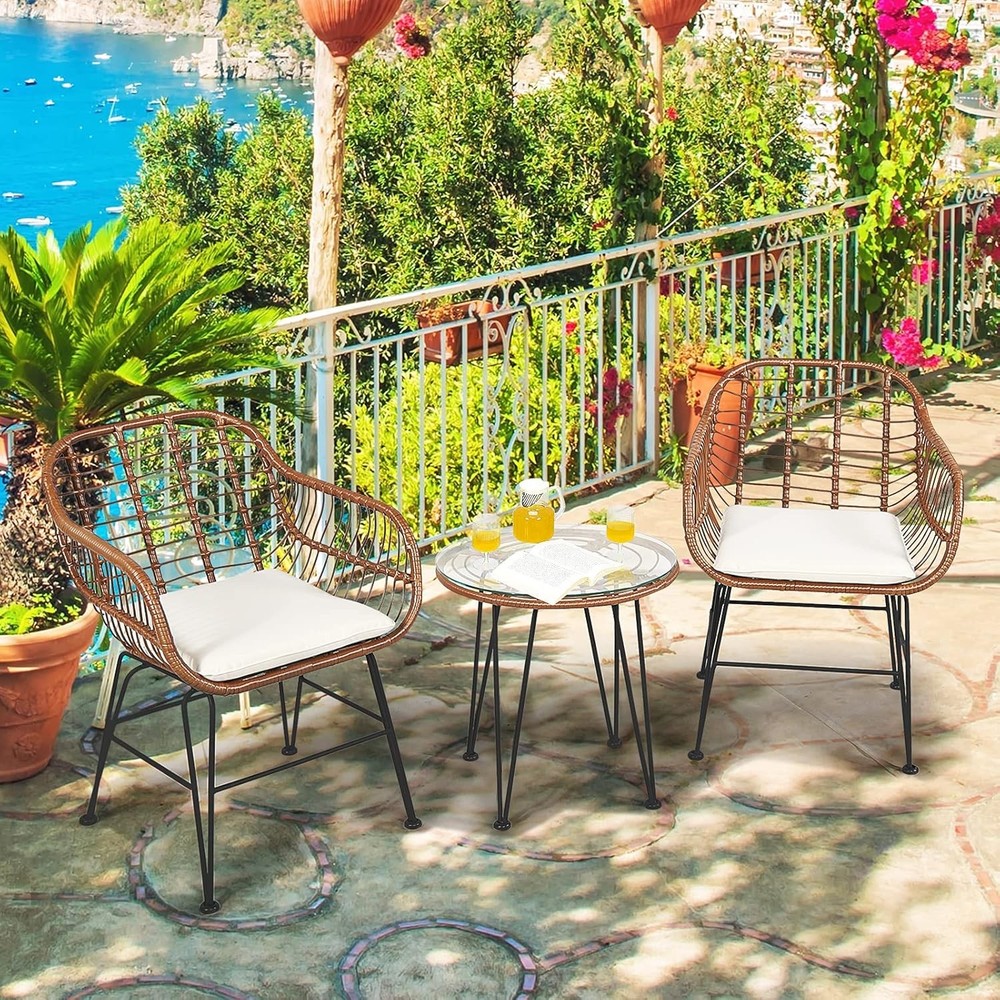 Wicker Bistro Set DORTALA 3 Piece Glass Table