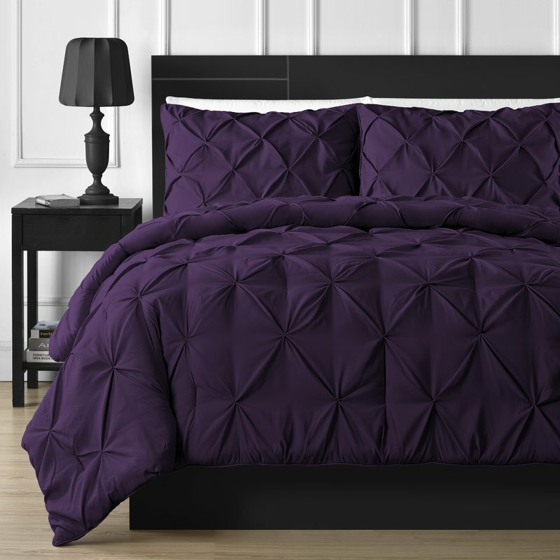 Full Queen Cal King Solid Plum Purple Pintuck Pleat 3 pc Comforter Set Bedding