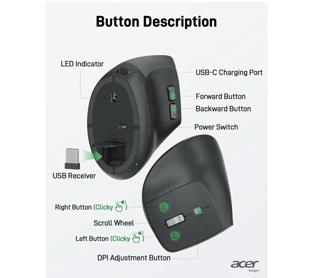Acer Ergonomic Mouse Wireless, Adjustable DPI Vertical Mouse 1000/1200/1600