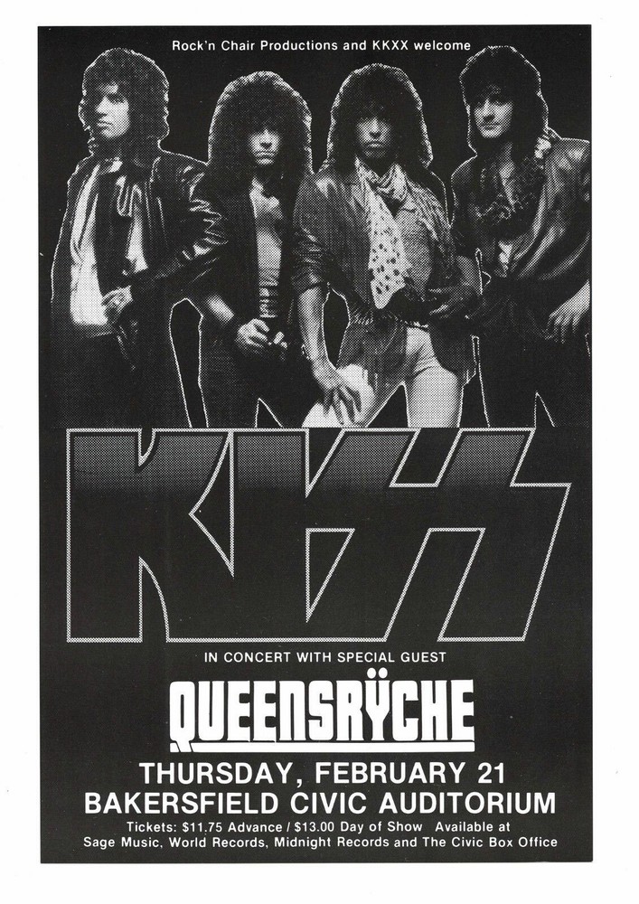 Kiss Handbill w/ Queensryche 1985 Bakersfield Civic Auditorium