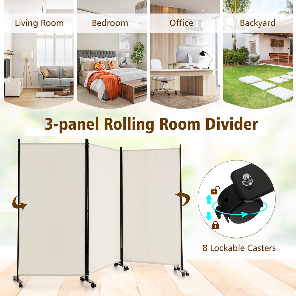 3-Panel Folding Room Divider 6Ft Rolling Privacy Screen w/Lockable Wheels White