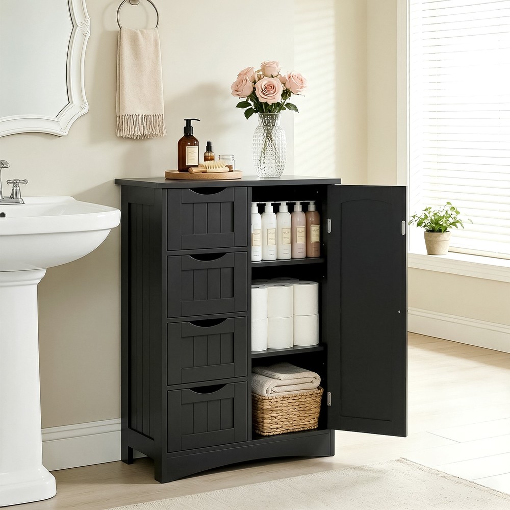 Bathroom Storage Cabinet Freestanding Floor Storage Cupboard Adjustable Black