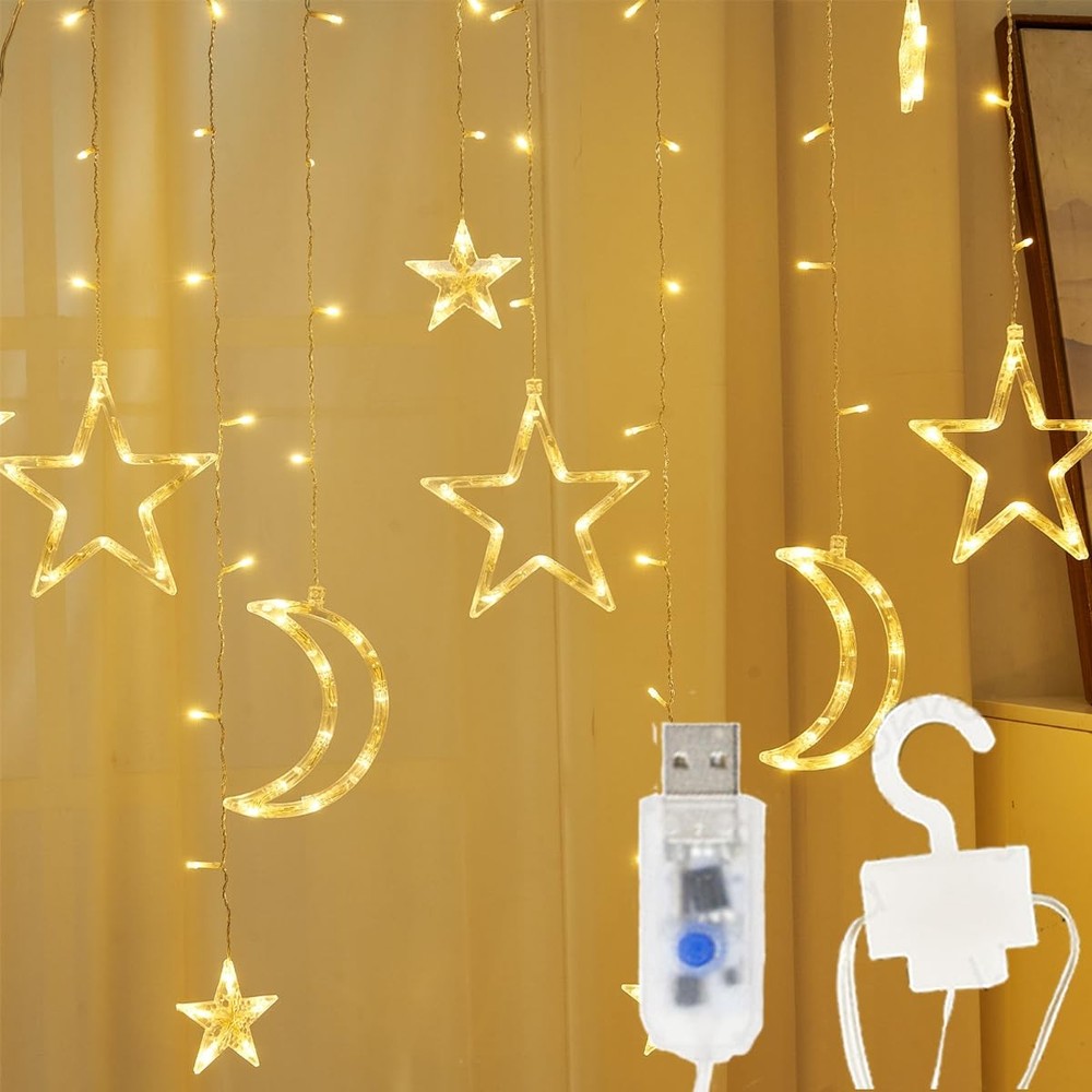 ALFEUND LED Star Moon Curtain Lights, 8 Modes, Timer, Remote, Dimmable