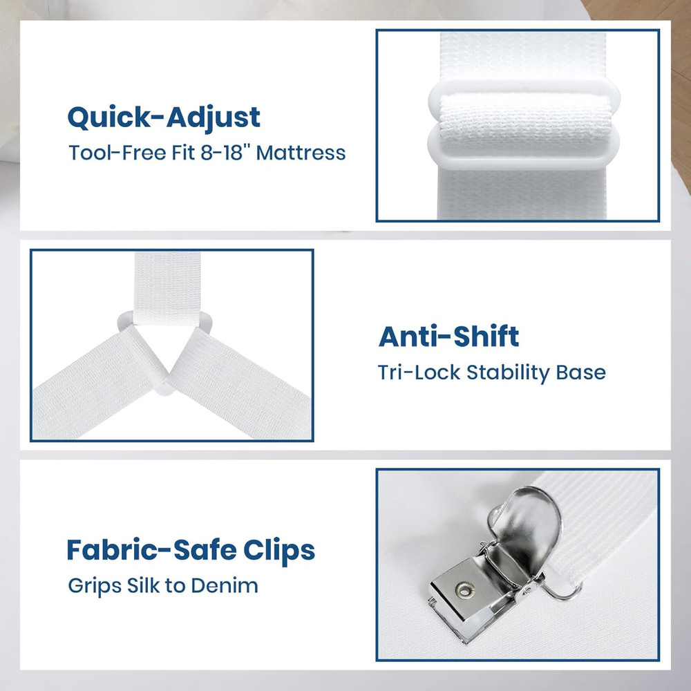 4 PCS Bed Sheet Straps – Adjustable Corner Clips to Keep Fitted Sheets in Place