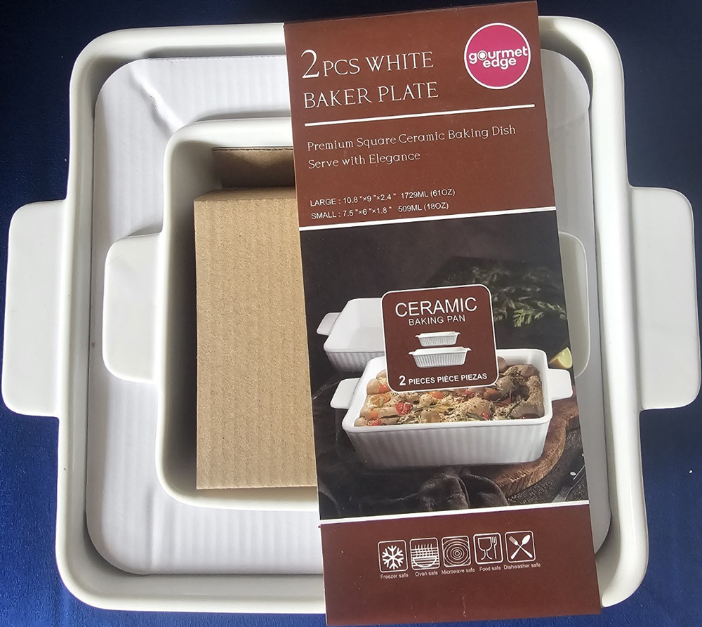 Gourmet Edge 2 Piece White Ceramic Rectangle Baking Dish Set Oven Safe