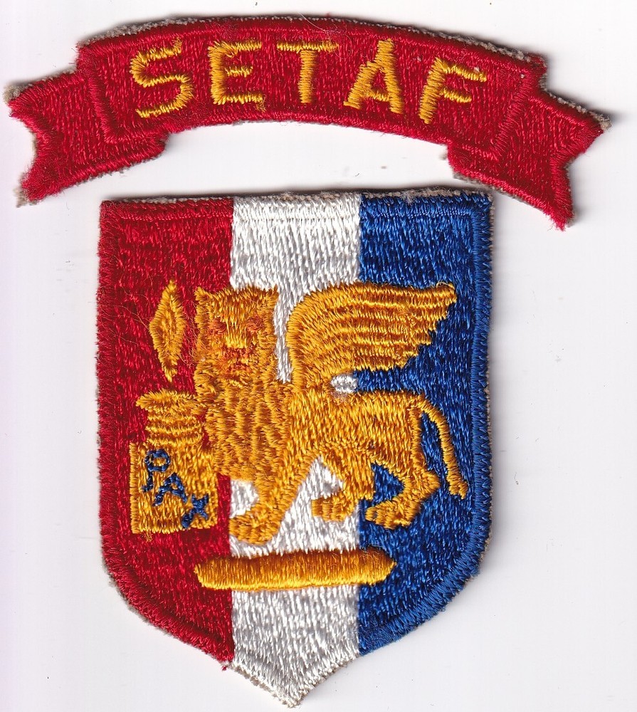 SETAF patch and tab scroll German made pair white back Vietnam era Cold War
