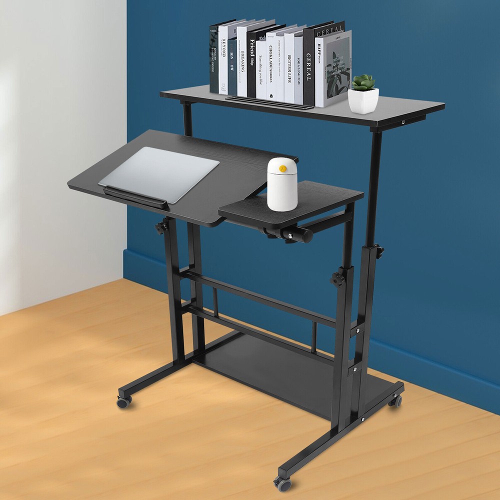 Rolling Laptop Desk Adjustable Height Office Computer Table Stand Up Workstation