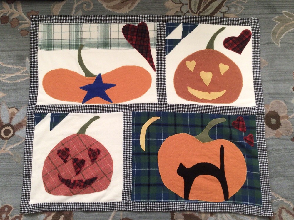 Charming 100% Wool Halloween Appliqué Jack ‘O Lantern Wall Hanging