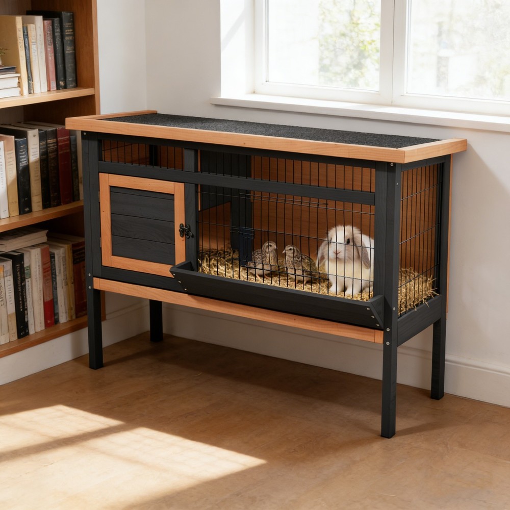 Raised Rabbit Hutch Elevated Bunny Cage with Removable Tray & Openable Roof -