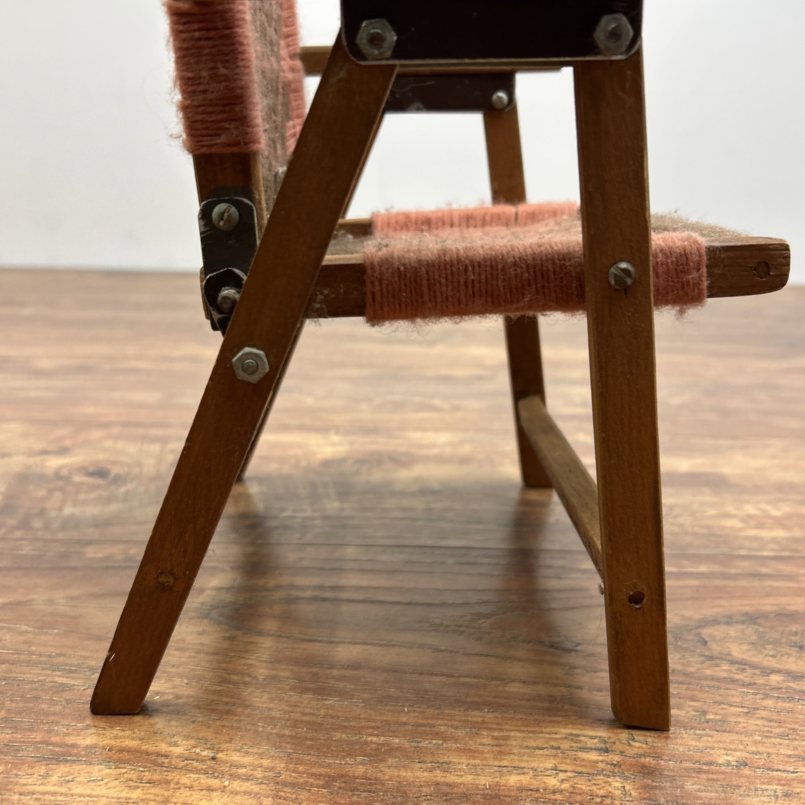 Macrame Wooden Folding Baby Doll Chair Vintage Handwoven Brown Pink ** DOLL SIZE