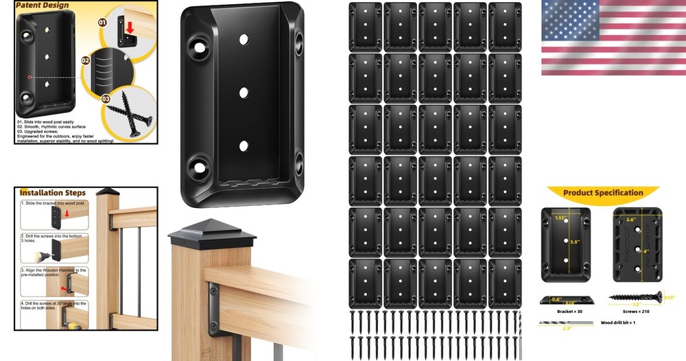 Durable Deck Railing Connectors for 2"x4" Wood Post - 30 Brackets & Screws
