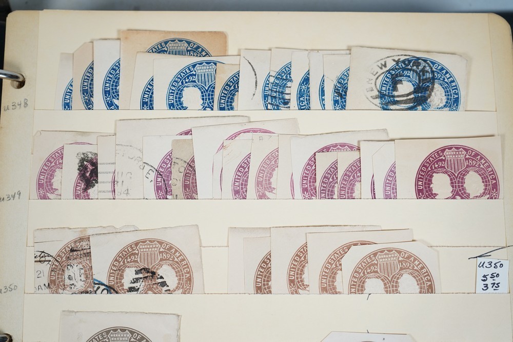 US COLLECTION OF 1,200+ STATIONERY CUT SQUARE STAMPS STORED IN STOCKBOOK