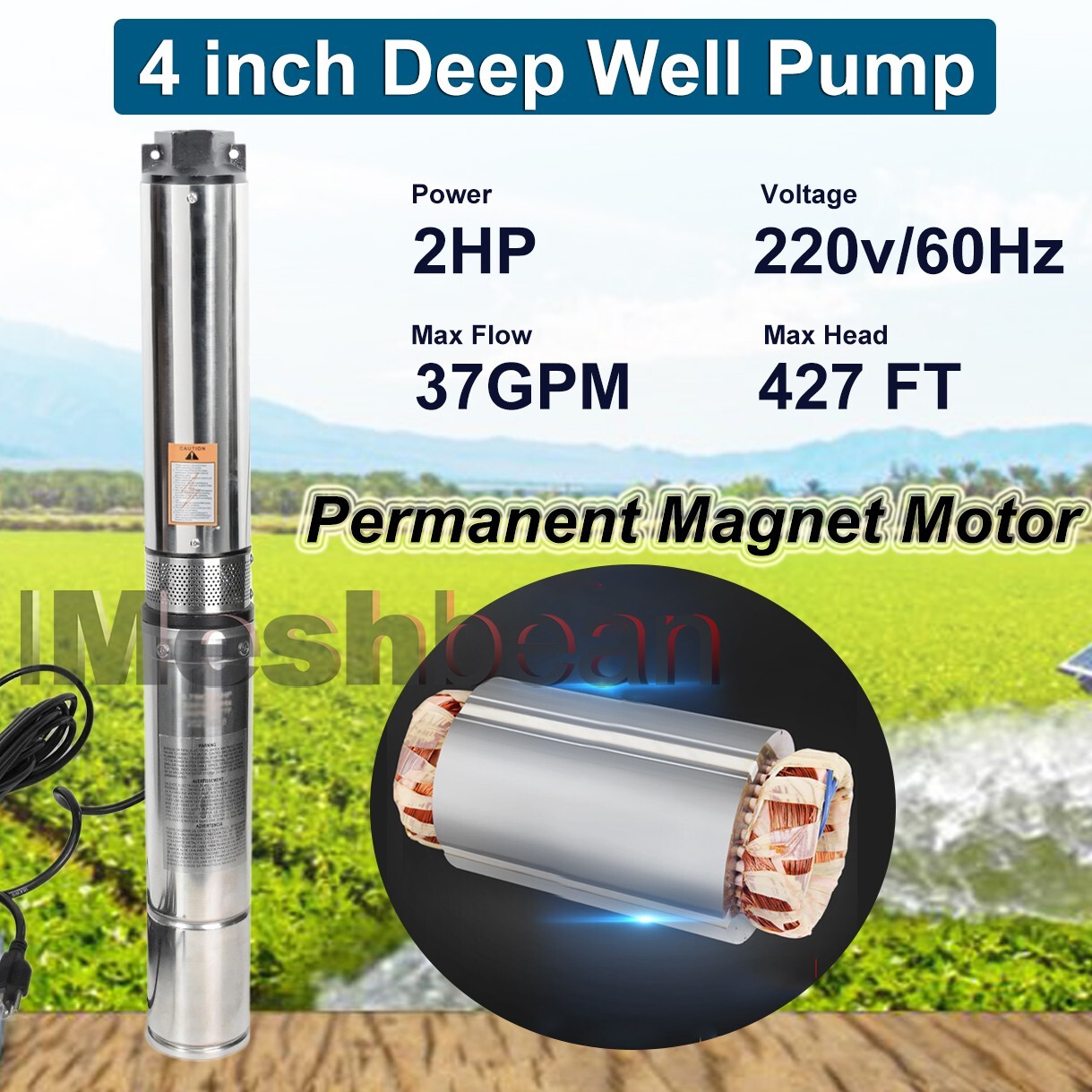 2HP 4" Deep Well Submersible Pump, 220V, 37 GPM, 427FT Max, 12 Stage 100FT Cord