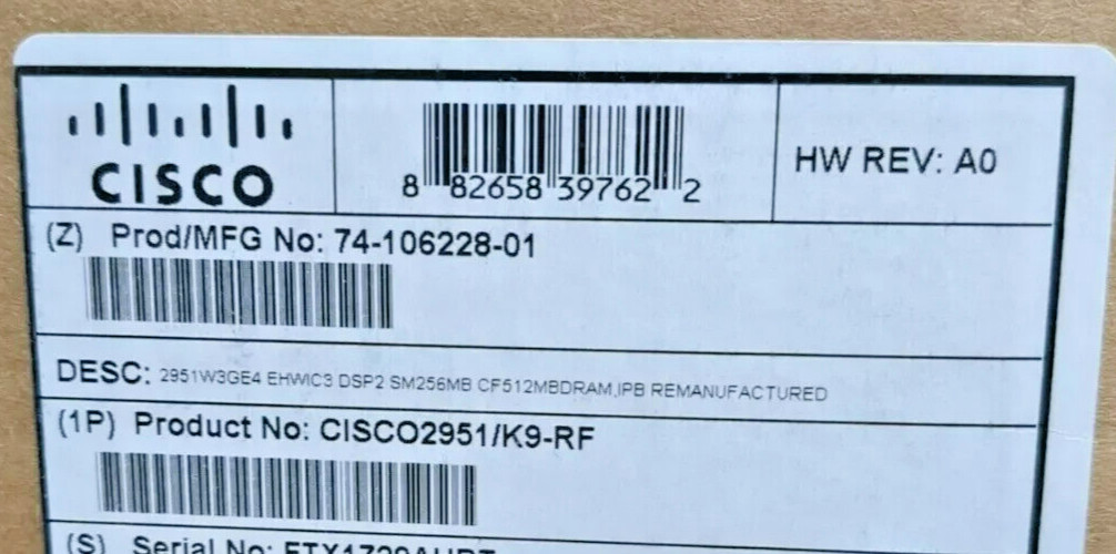 CISCO CERTIFIED REFRESH 2951/K9 W/3 GE4 EHWIC 2900 SERIES ROUTER CISCO2951/K9-RF