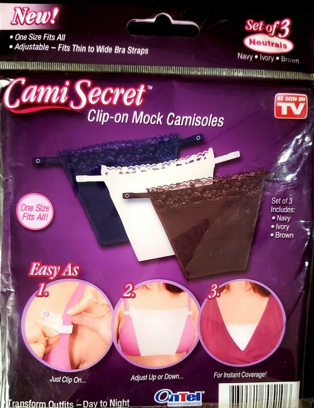 Cami Secret Set of 3 Clip-on Mock Camisoles, Navy, Ivory, Brown (As Seen on TV)
