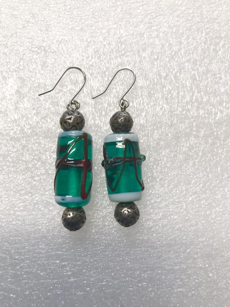 Earrings Silver Transparent Green Glass Dangle Wire