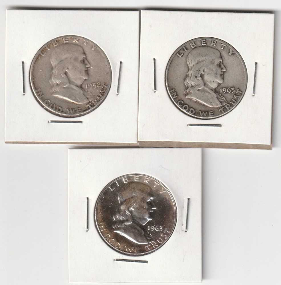 Three 90% Silver Franklin Half Dollars 1952 and two 1963