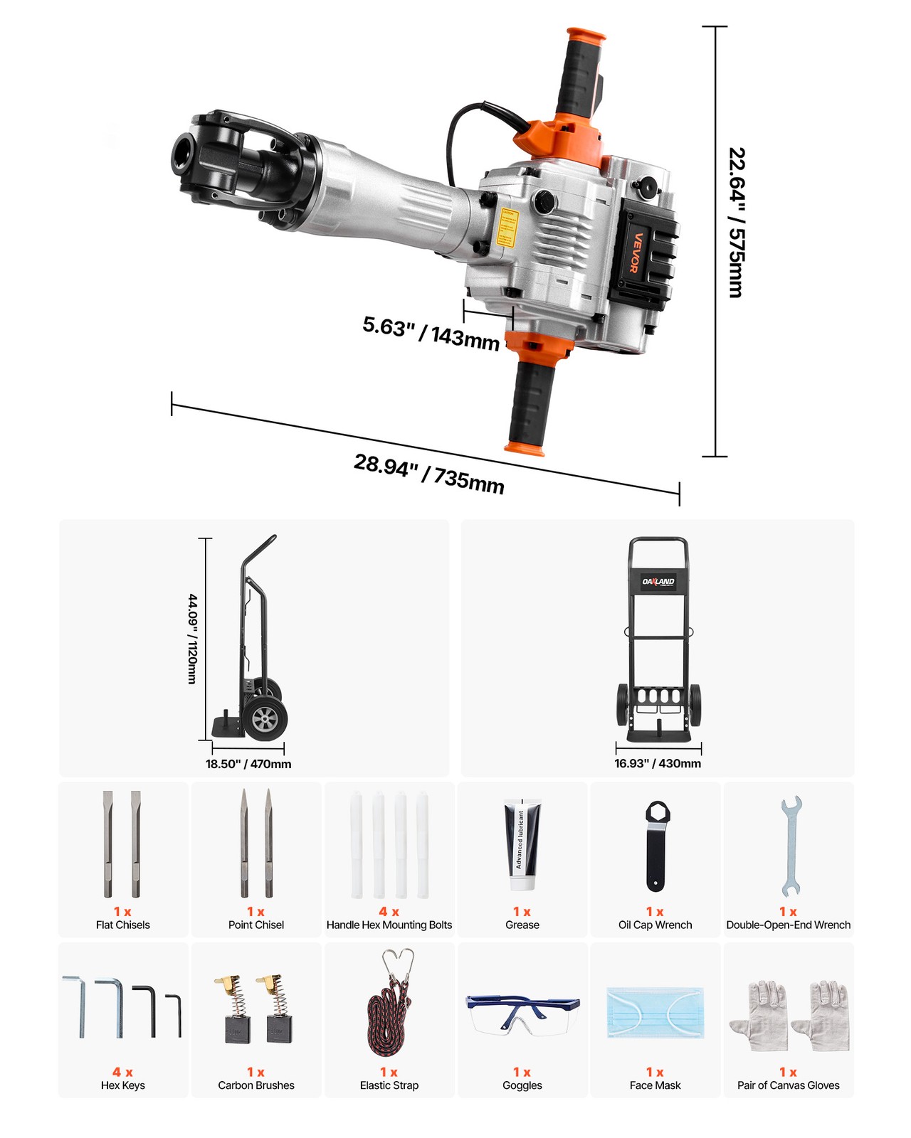 VEVOR Demolition Jack Hammer Electric Concrete Breaker 2100 W 1650 BPM Trolley
