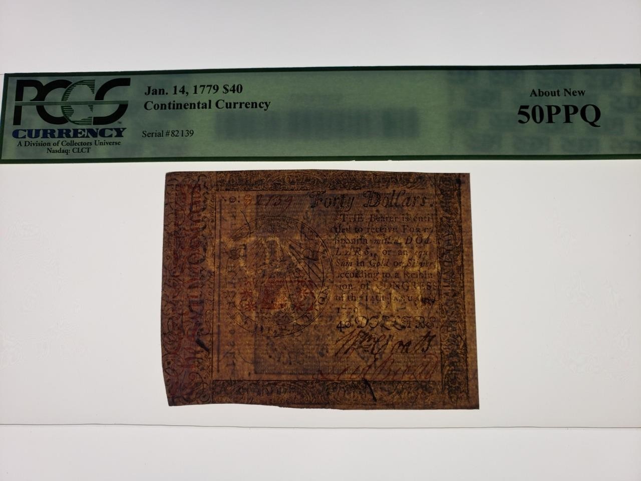 CC-95 All Seeing Eye PCGS AU50 PPQ $40 1779 Continental Colonial Currency