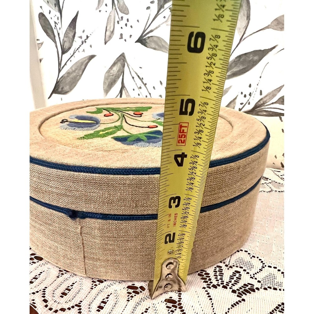 Vintage embroidered cloth covered circular box