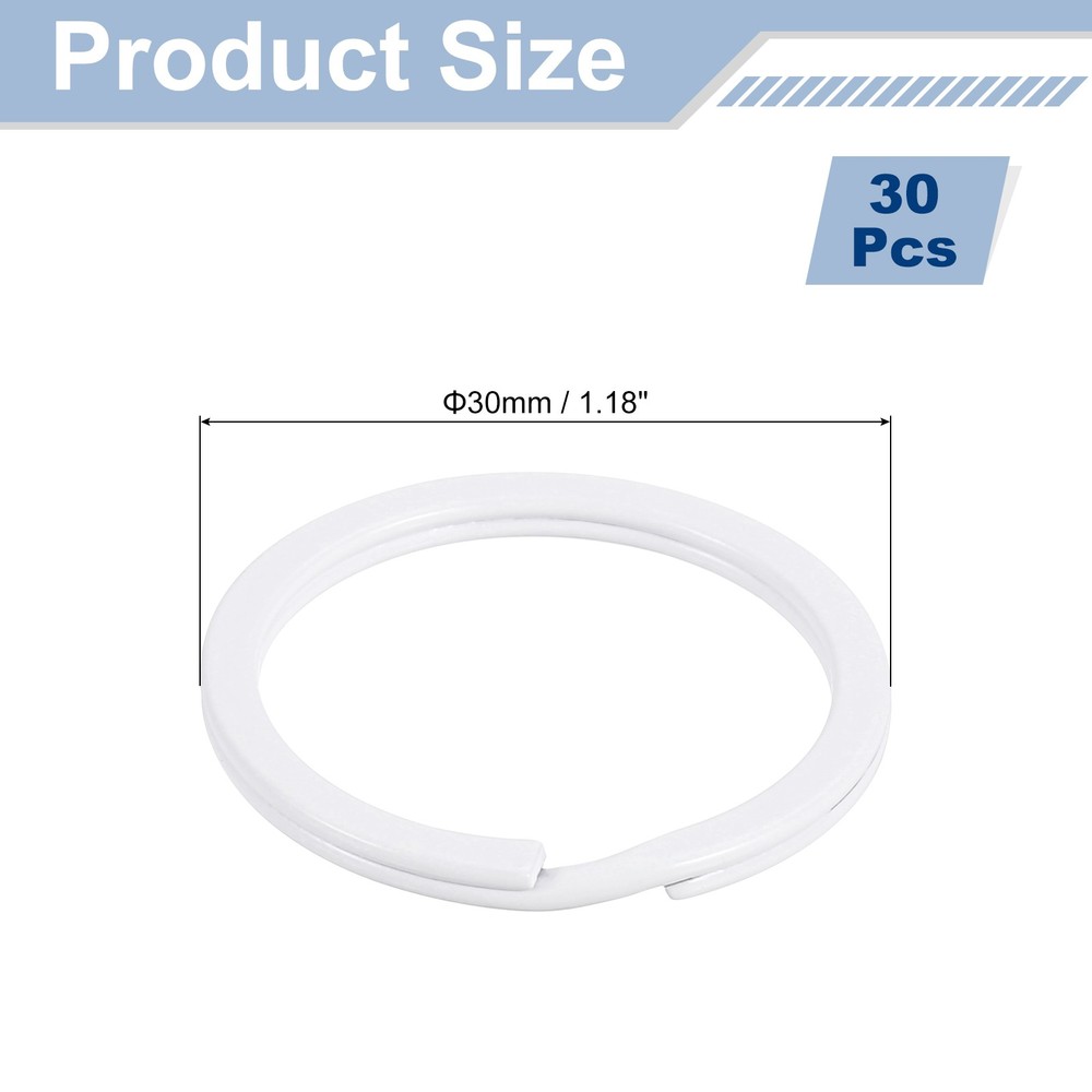 30Pcs Split Keychain Rings, 30mm Round Flat Key Holder Side Push Keyring, White