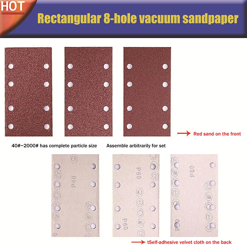 10pcs 8-Hole Rectangular Premium Flocked Sandpaper Sheets Self-Adhesive 185X93mm