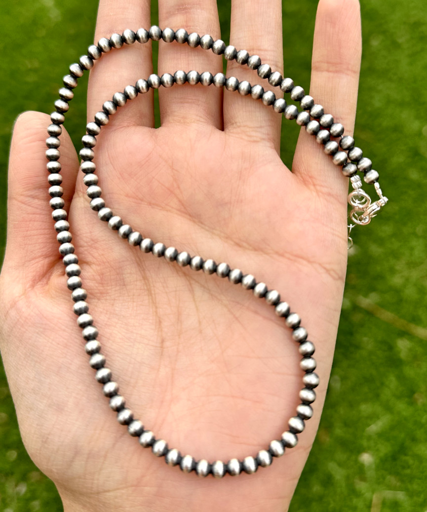 4mm 16 Inch 925 Sterling Silver Oxidized Pearls Bead Necklace Southwestern