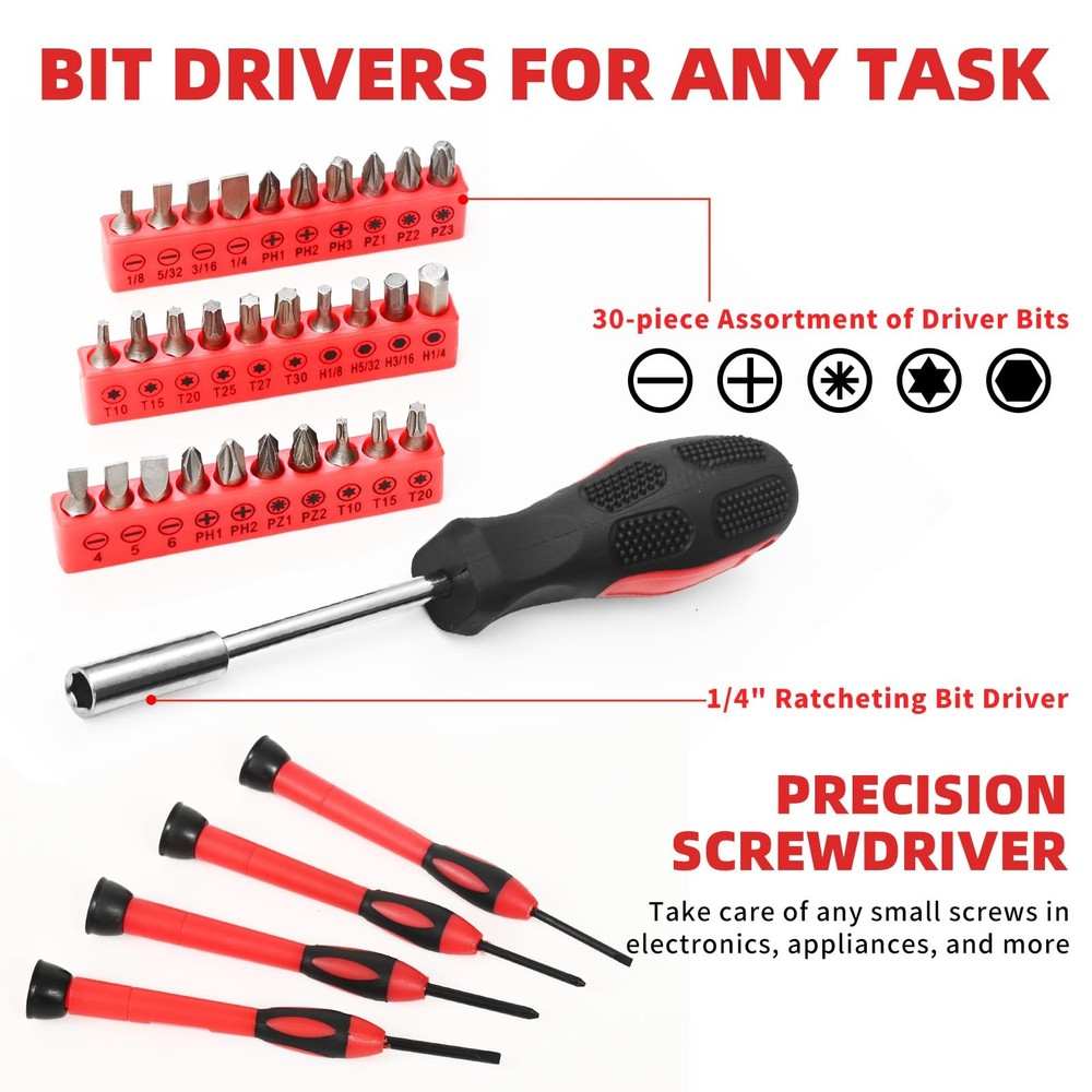 GETFOO 58-Piece Tool Kit Basic Home Repair Set, General 58-Piece, Red