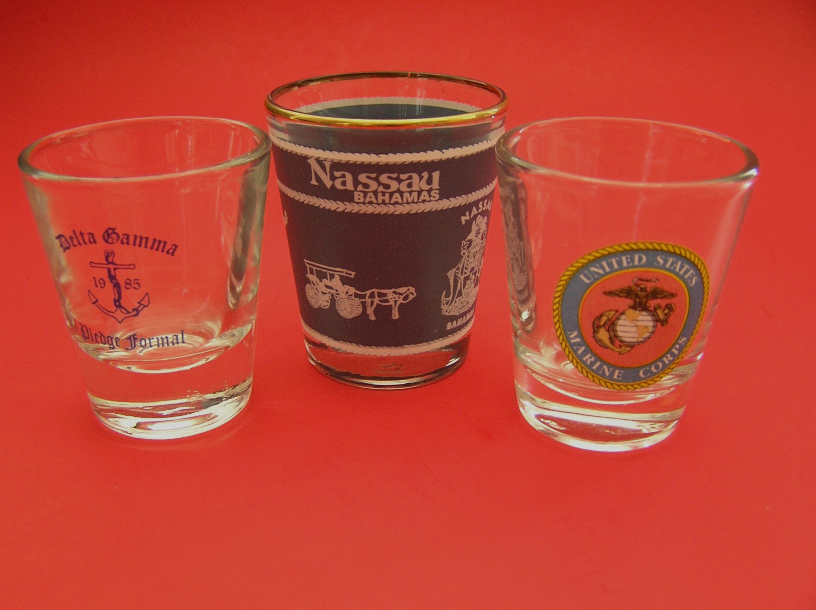 3 Shot Glasses: Nassau Bahamas, US Marine Corps Logo and Delta Gamma Sorority