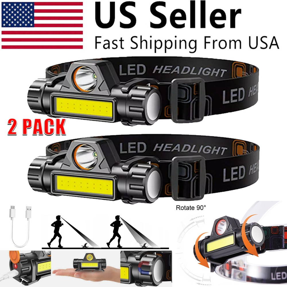 2X COB LED Headlamp USB Rechargeable Waterproof Headlight Head Light Flashlight