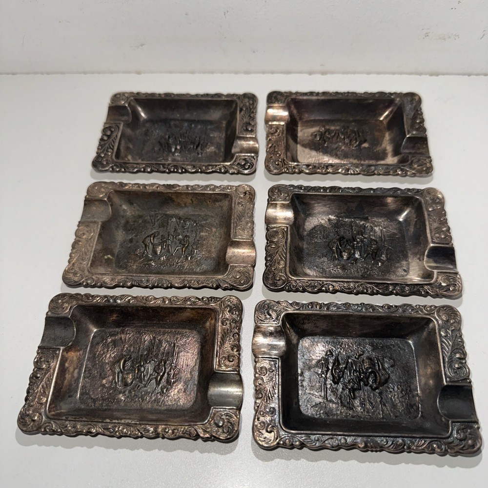 Vintage Set of 6 Hans Jensen Denmark Silverplate Stamped Ashtrays
