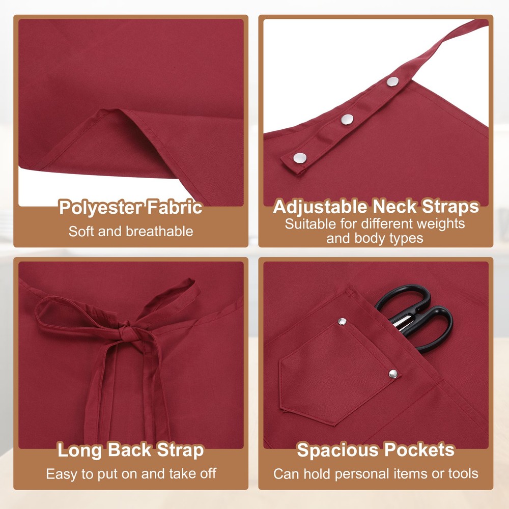 Kitchen Cooking Aprons, Adjustable Neck Strap Apron with Pocket, Red