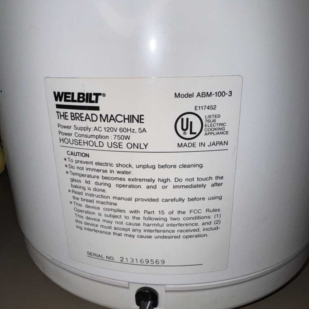 Welbilt The Bread Machine Model ABM-100-3 Bread Maker w/ Instructions