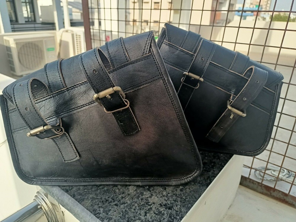 Solid Black Goat Leather COMBO Motorcycle Saddle Panniers Tool Pouch Side Bag