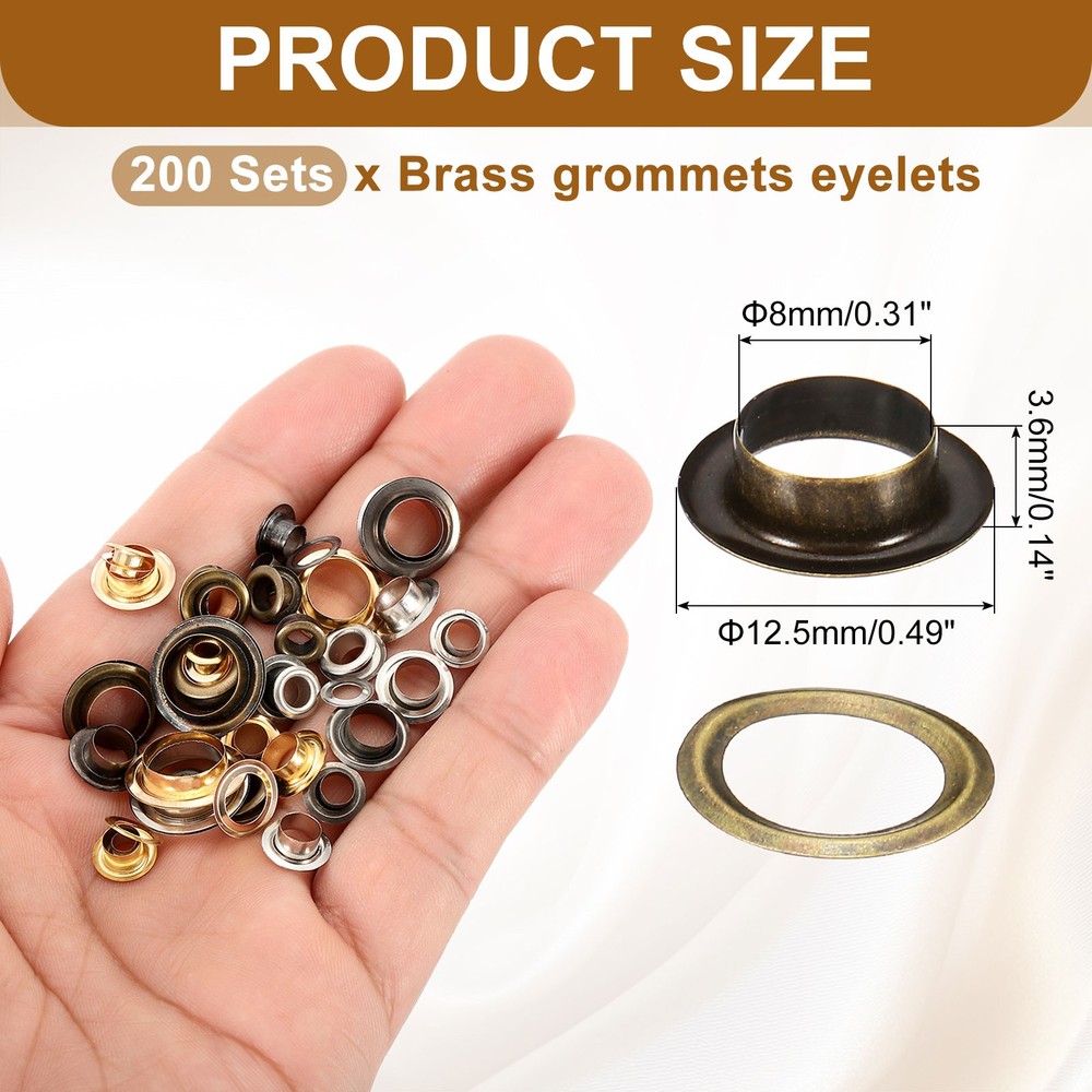200 Sets Grommets Eyelets, 8mm Brass Self Backing Eyelets, Bronze