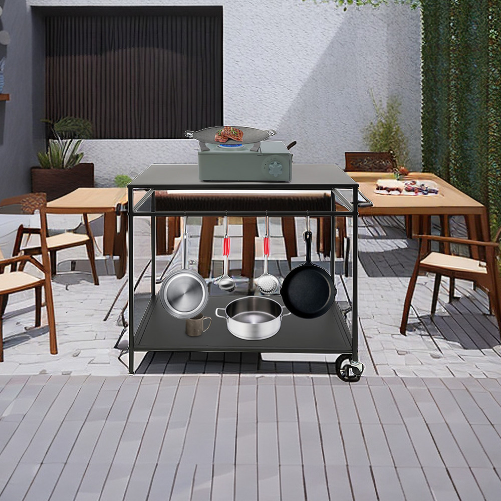 Kitchen BBQ Food Prep Work Cart Table Stand Mobile Storage Rack Grid Panel 2Tier