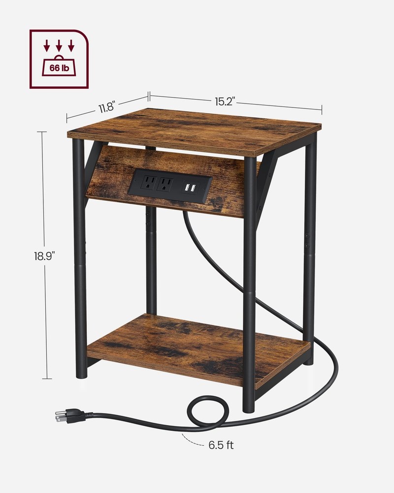End Table Charging Station Small Side Table Nightstand USB Outlets Brown
