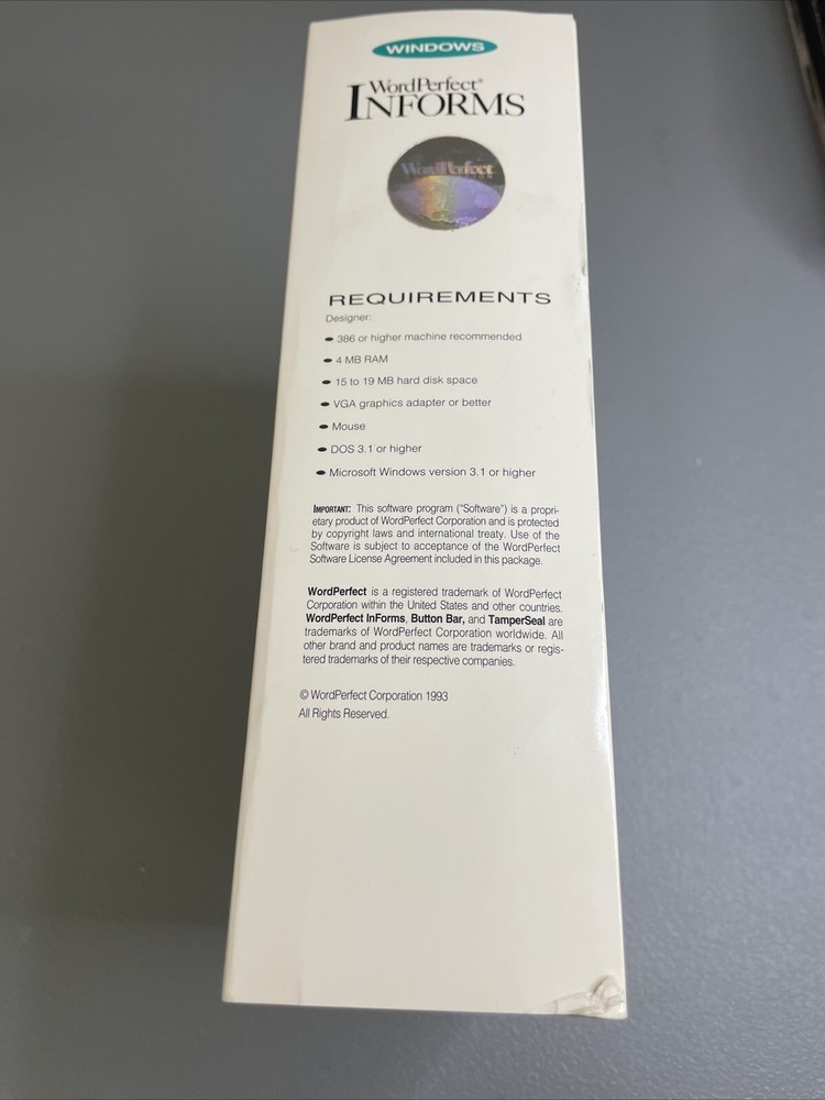 WordPerfect Informs Version 1.0 Windows Demo Eval Software BIG BOX New 1993 PC