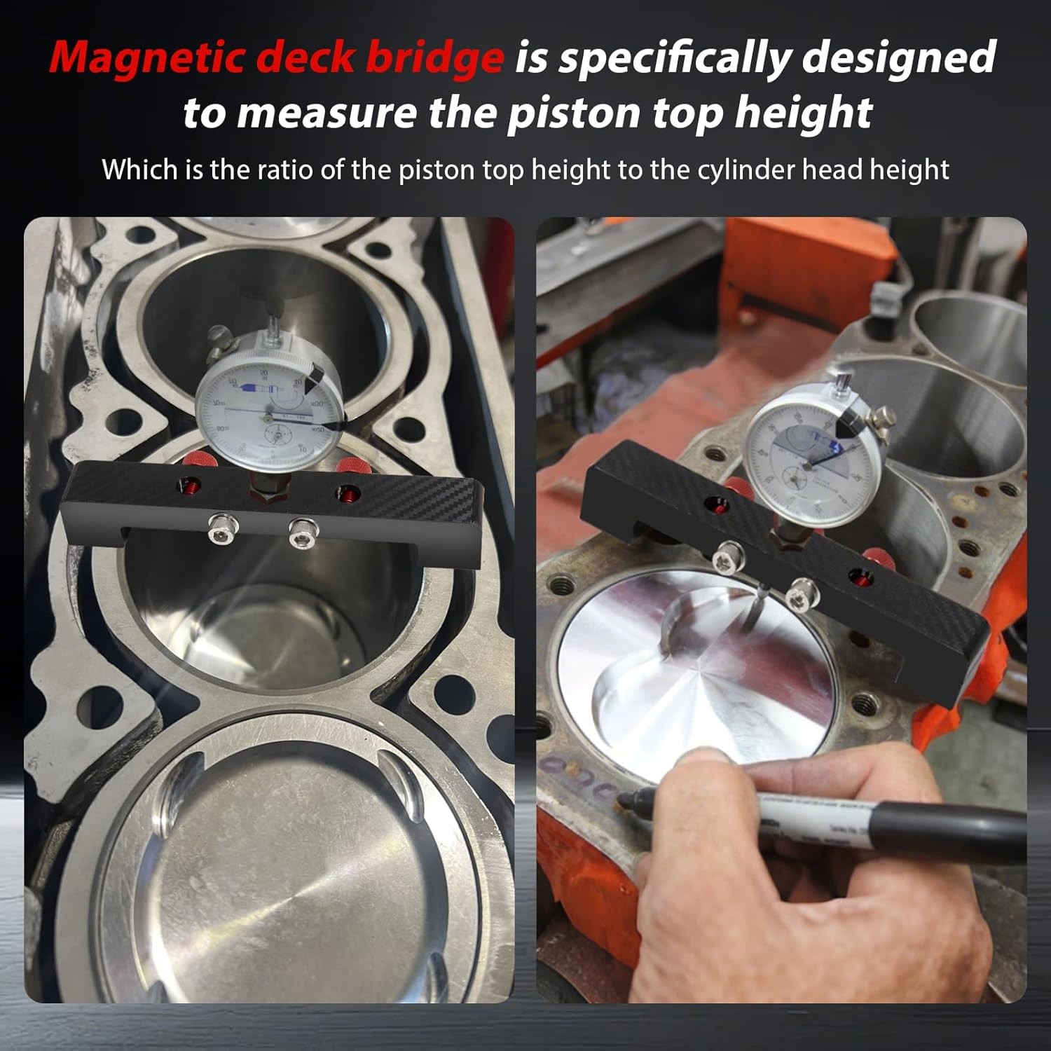 Magnetic Deck Bridge, Up to 4-1/2 in Bores, Measure Piston Deck Height