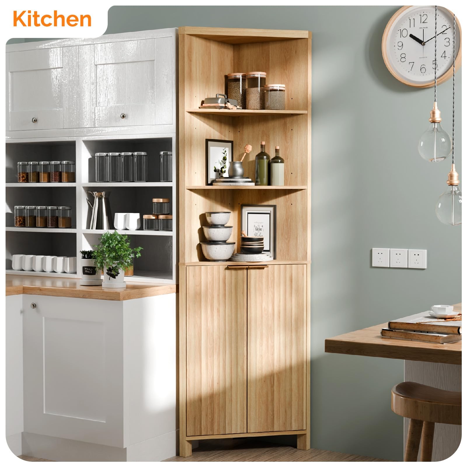 Tall Corner Cabinet with Fluted Doors, 68" Oak Corner Storage Cabinet