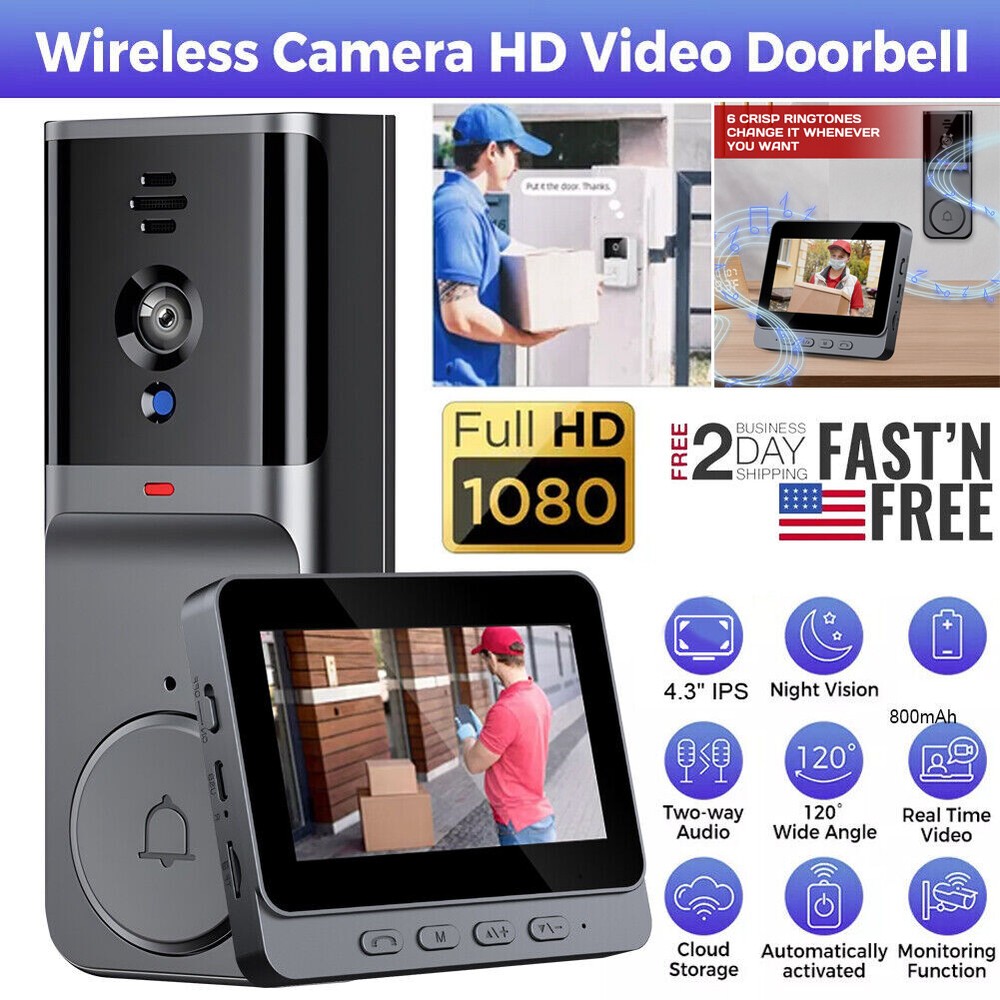 Wireless Intercom Doorbell HD Night Vision 4.3in lPS Screen Visual Camera Ring
