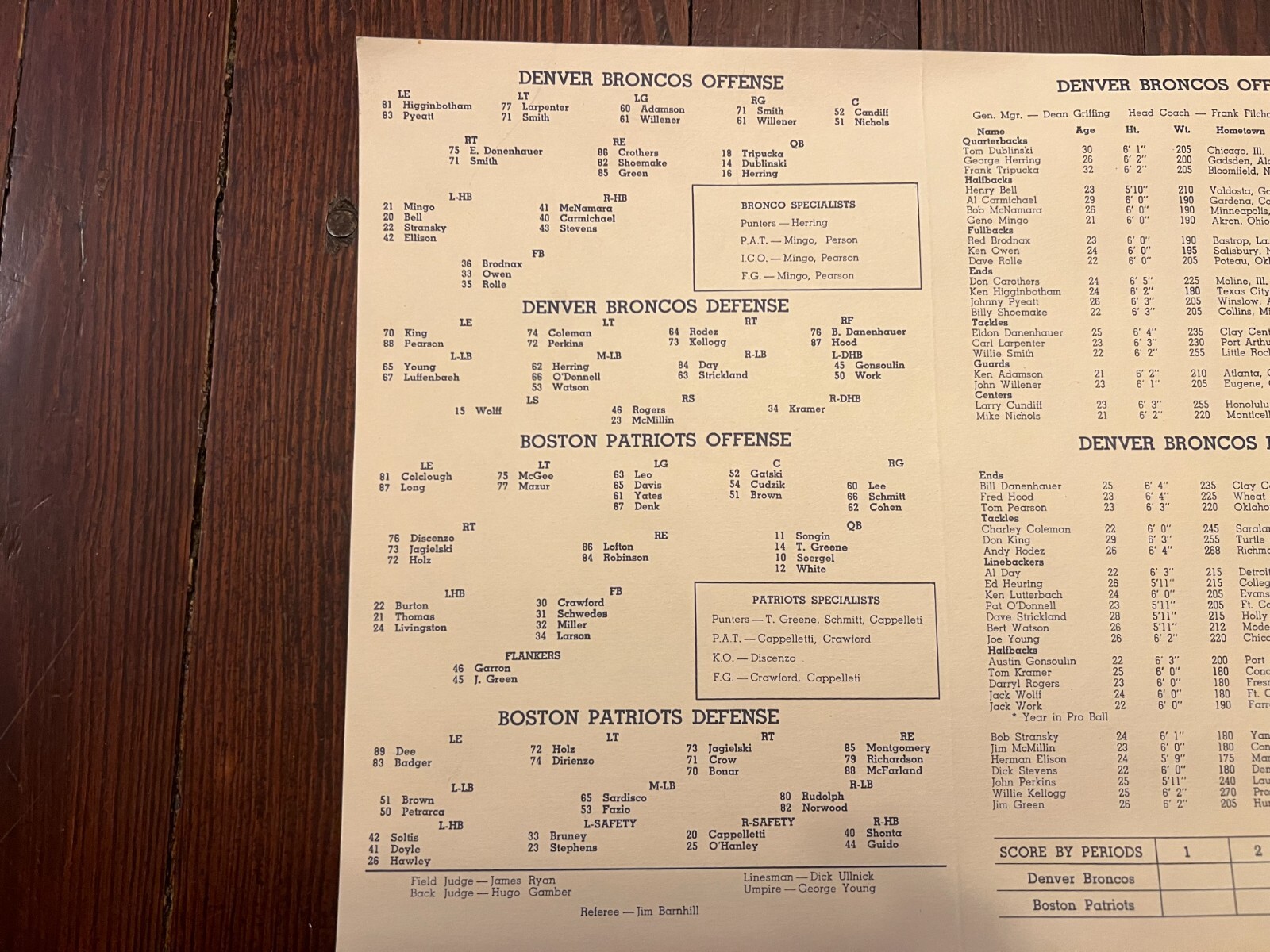 1960 AFL FOOTBALL GAME PROGRAM - DENVER BRONCOS @ BOSTON PATRIOTS REPRINT