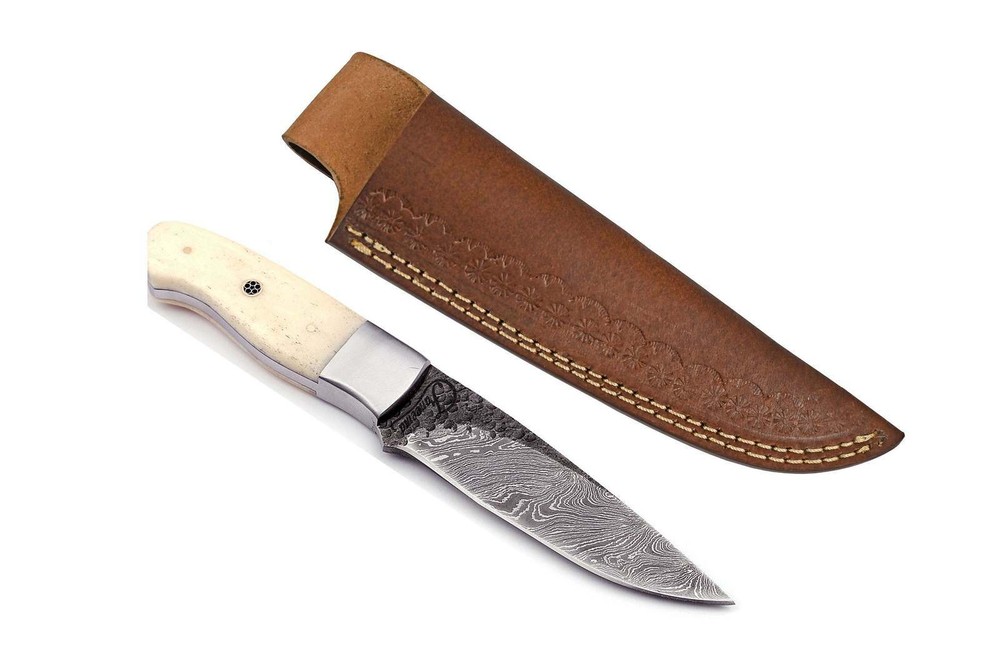 Hand Forged Damascus 4.5" Knife with Hammerwork and Bone Handle