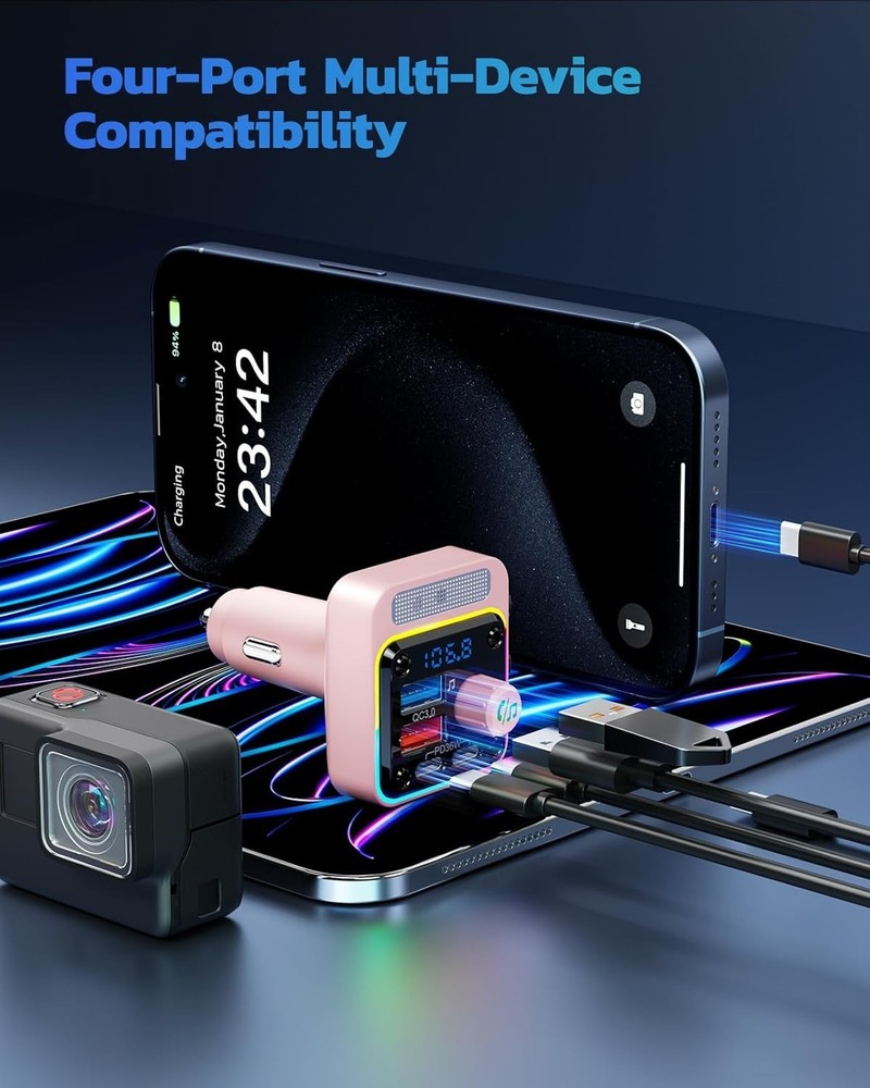 Efficient 54W Multi-Device Car Charger with Bluetooth 5.3 and Colorful Lighting