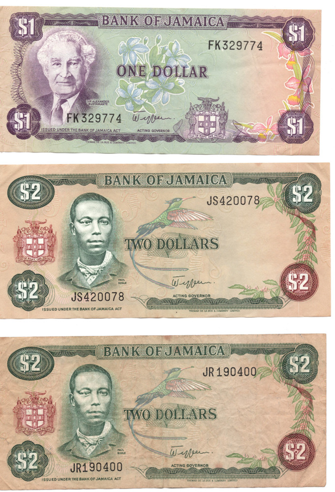 1982/89 🇯🇲 Jamaica ONE & TWO Dollar Bank Notes - VF