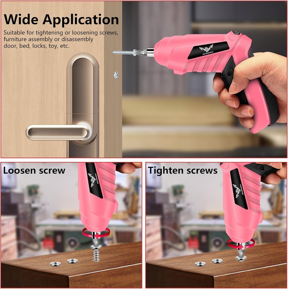 Stylish 3.6V Pink Cordless Screwdriver with 14 Bits & LED Light - Efficient Tool