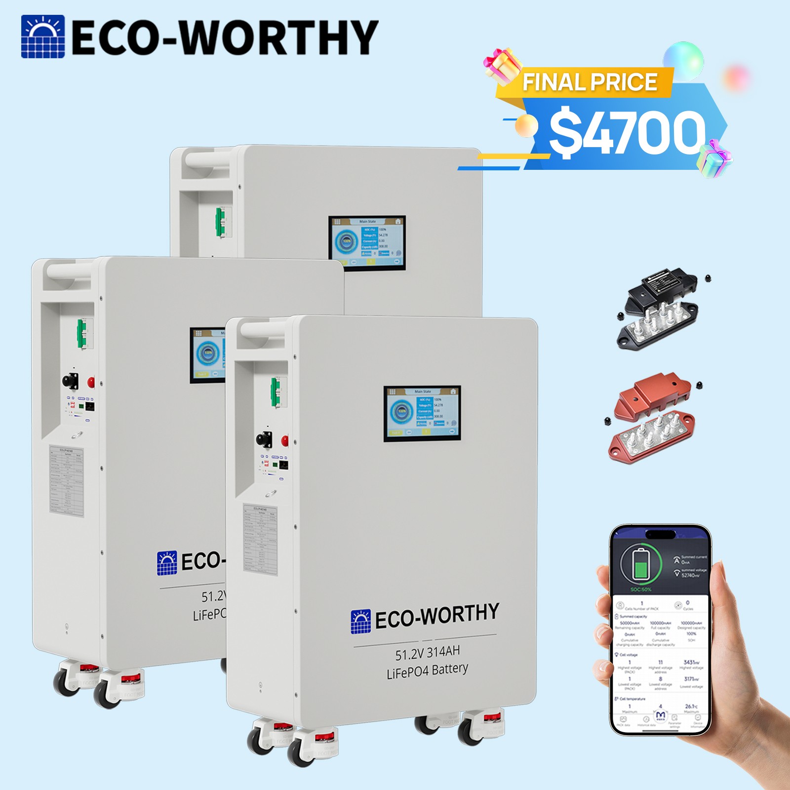 ECO-WORTHY 48.23kWh 3Pack 48V 314AH LiFePO4 Battery Vertical Standing Backup